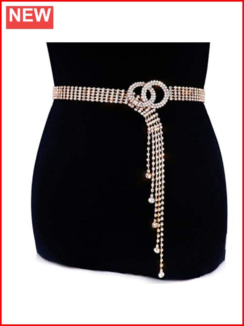 Rhinestone Crystal Waist Belt with O-Ring Buckle Waterfall Tassel Skinny Belt